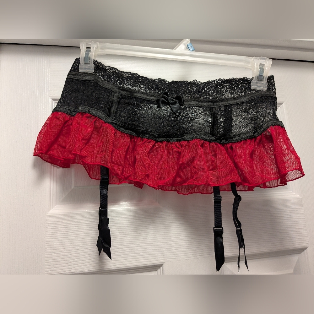Fredericks of Hollywood red/black garter skirt